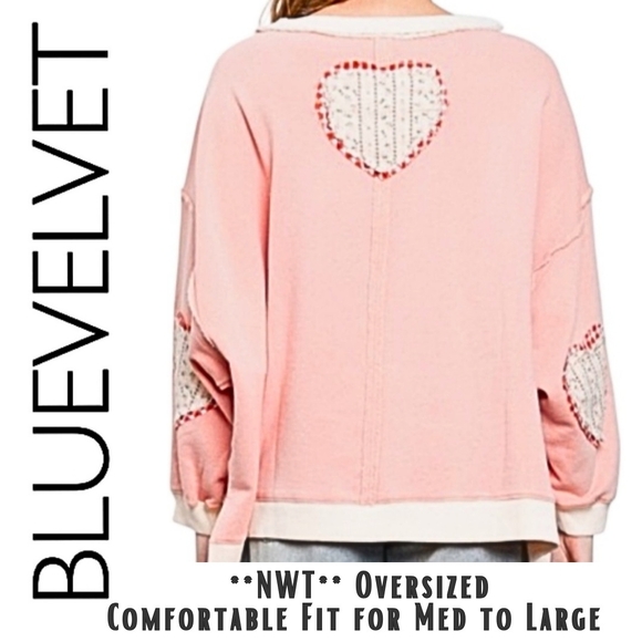 BLUEVELVET NWT Light Weight Sweatshirt Patch Elbows Heart Peace Oversized Med - Picture 2 of 2